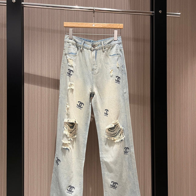 CC Double C Printed Ripped Jeans Retro Light Blue Cotton