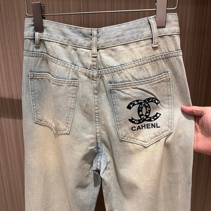 CC Double C Printed Ripped Jeans Retro Light Blue Cotton