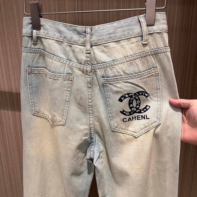 CC Double C Printed Ripped Jeans Retro Light Blue Cotton