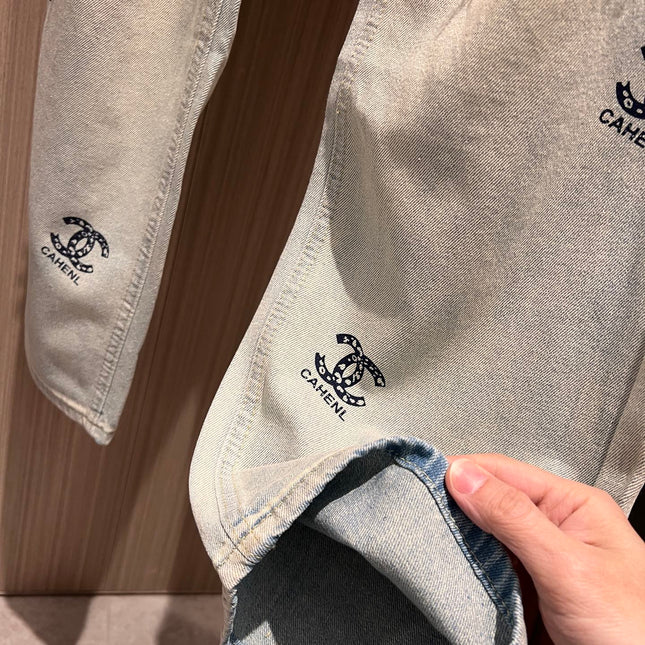 CC Double C Printed Ripped Jeans Retro Light Blue Cotton