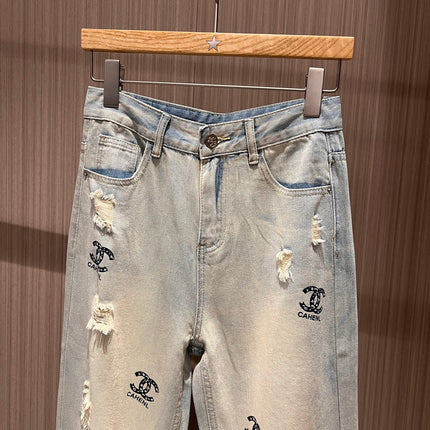 CC Double C Printed Ripped Jeans Retro Light Blue Cotton