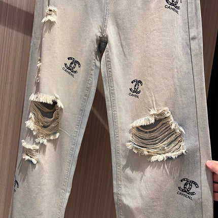 CC Double C Printed Ripped Jeans Retro Light Blue Cotton