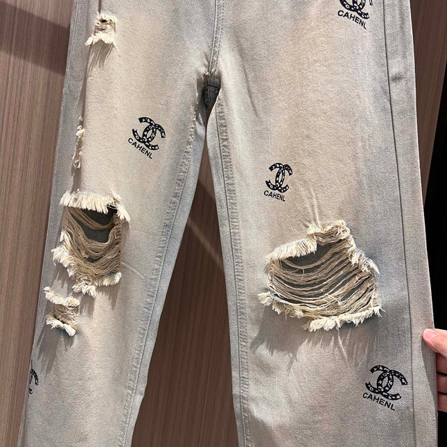CC Double C Printed Ripped Jeans Retro Light Blue Cotton