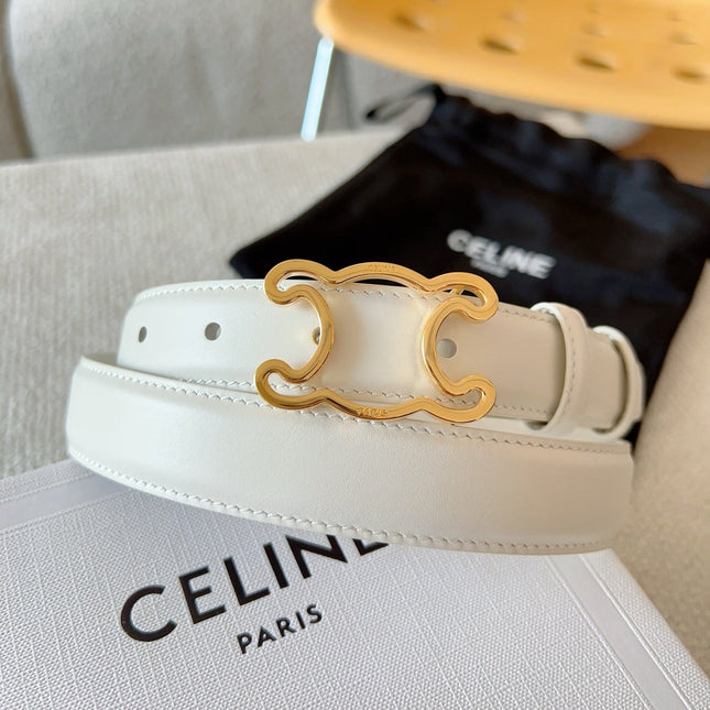 CELINE 25S TRIOMPHE BELT 25MM IN WHITE CALFSKIN GOLD HARDWARE 585788