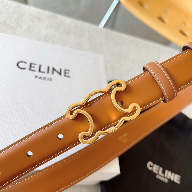 CELINE 25S TRIOMPHE BELT 25MM IN CARAMEL CALFSKIN GOLD HARDWARE 585789