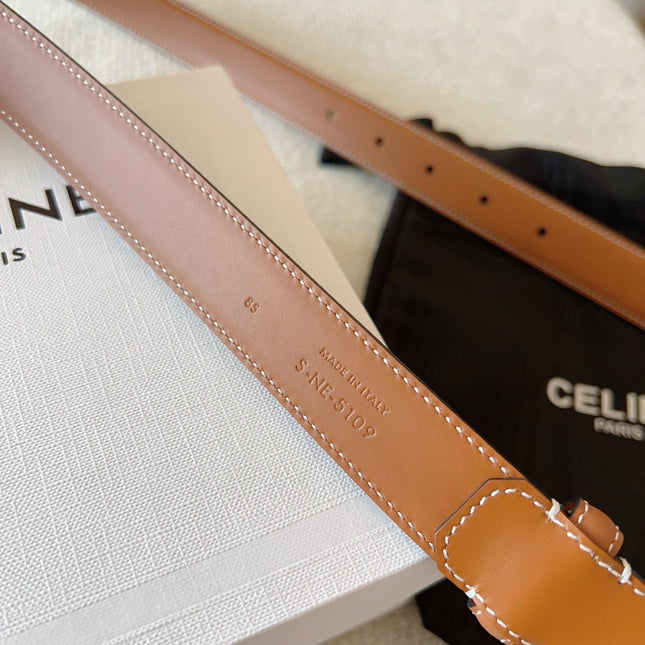 CELINE 25S TRIOMPHE BELT 25MM IN CARAMEL CALFSKIN GOLD HARDWARE 585789