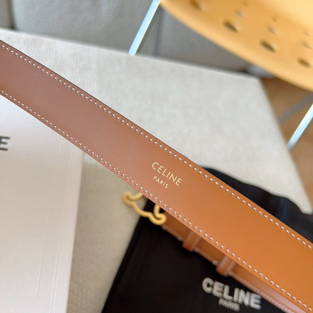 CELINE 25S TRIOMPHE BELT 25MM IN CARAMEL CALFSKIN GOLD HARDWARE 585789
