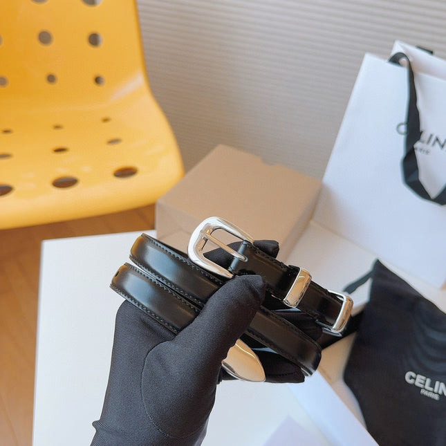 CELINE 25S SMALL 18MM WESTERN BELT IN BLACK CALFSKIN 566641