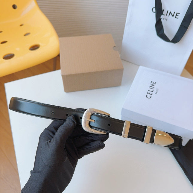 CELINE 25S SMALL 25MM WESTERN BELT IN BLACK CALFSKIN 566639