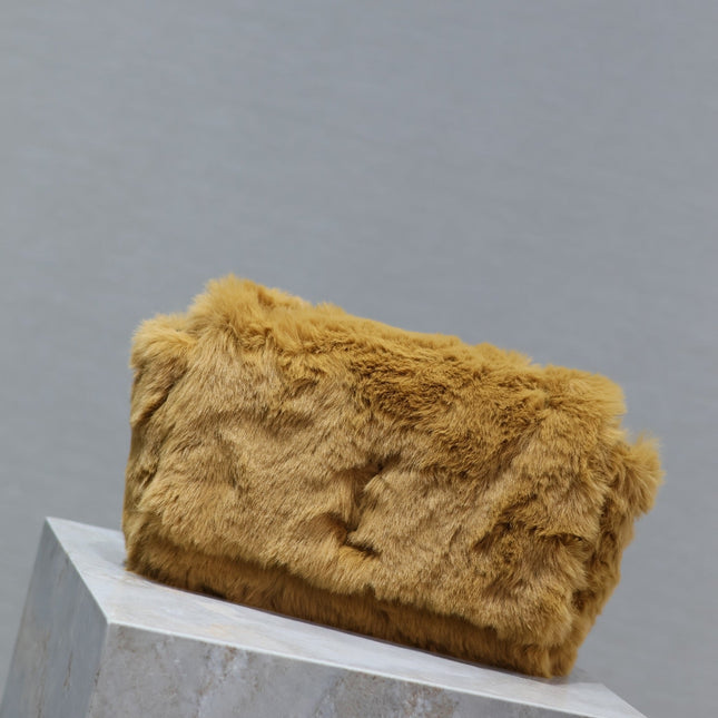 KATE SMALL BAG 22 IN PEANUT BROWN RABBIT FUR GOLD CHAIN