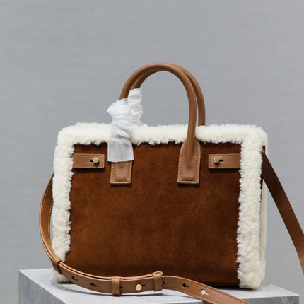 SAC DE JOUR 26 IN BROWN SUEDE AND WHITE SHEARLING TRIM