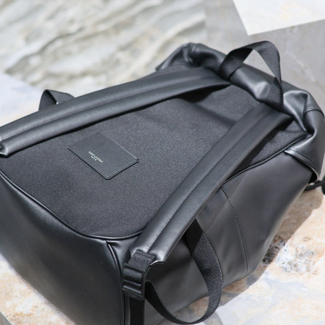 BACKPACK 45 IN BLACK CALFSKIN WITH EMBOSSED LOGO
