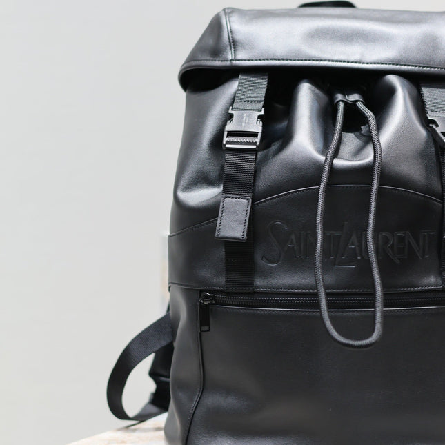 BACKPACK 45 IN BLACK CALFSKIN WITH EMBOSSED LOGO
