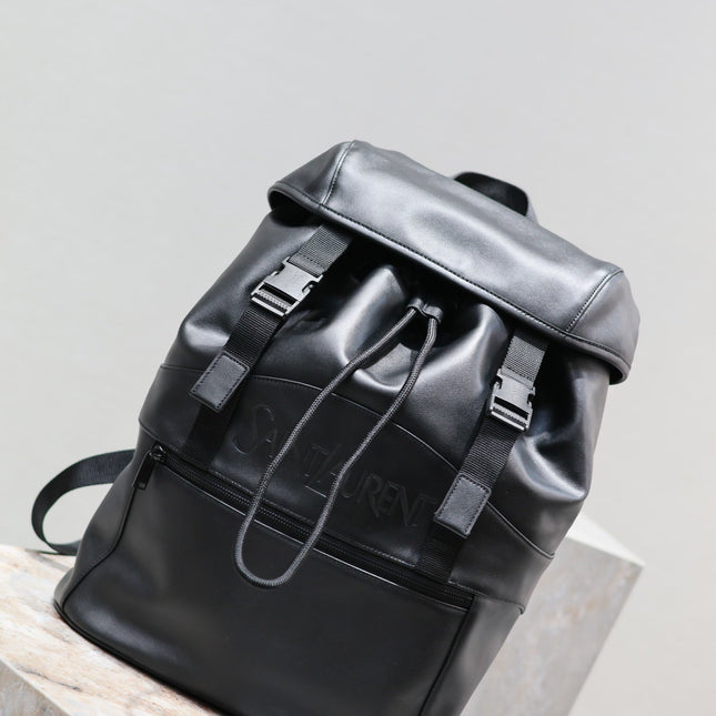 BACKPACK 45 IN BLACK CALFSKIN WITH EMBOSSED LOGO