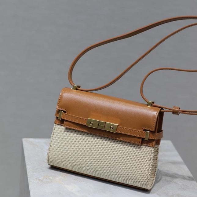 MANHATTAN MINI 19 IN WHITE CANVAS AND BROWN LAMBSKIN GOLD BUCKLE
