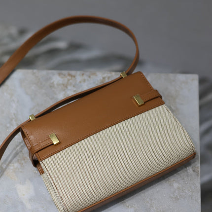 MANHATTAN MINI 19 IN WHITE CANVAS AND BROWN LAMBSKIN GOLD BUCKLE