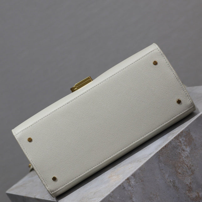 CASSANDRA TOP HANDLE BAG 24 IN WHITE CALFSKIN GOLD HARDWARE