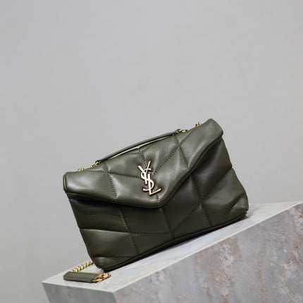 YSL 25S LOULOU PUFFER MINI 23 IN DARK OLIVE CALFSKIN GOLD HARDWRE