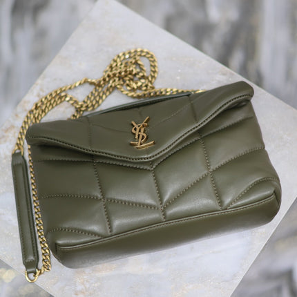 YSL 25S LOULOU PUFFER MINI 23 IN DARK OLIVE CALFSKIN GOLD HARDWRE