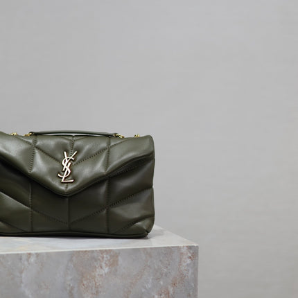 YSL 25S LOULOU PUFFER MINI 23 IN DARK OLIVE CALFSKIN GOLD HARDWRE