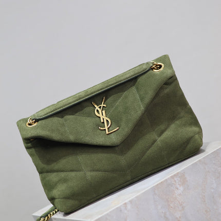 YSL 25S LOULOU PUFFER MM 29 IN GREEN SUEDE GOLD HARDWRE