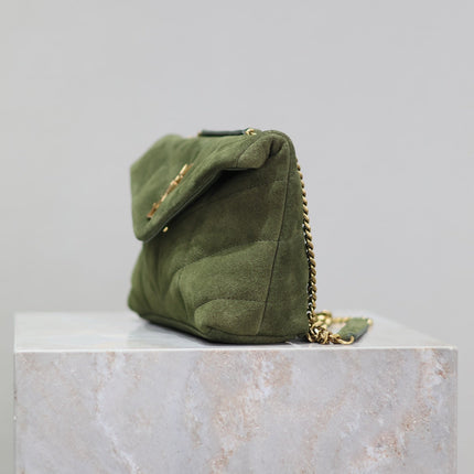 YSL 25S LOULOU PUFFER MINI 23 IN GREEN SUEDE GOLD HARDWRE