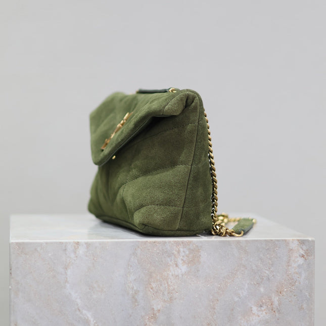 YSL 25S LOULOU PUFFER MINI 23 IN GREEN SUEDE GOLD HARDWRE