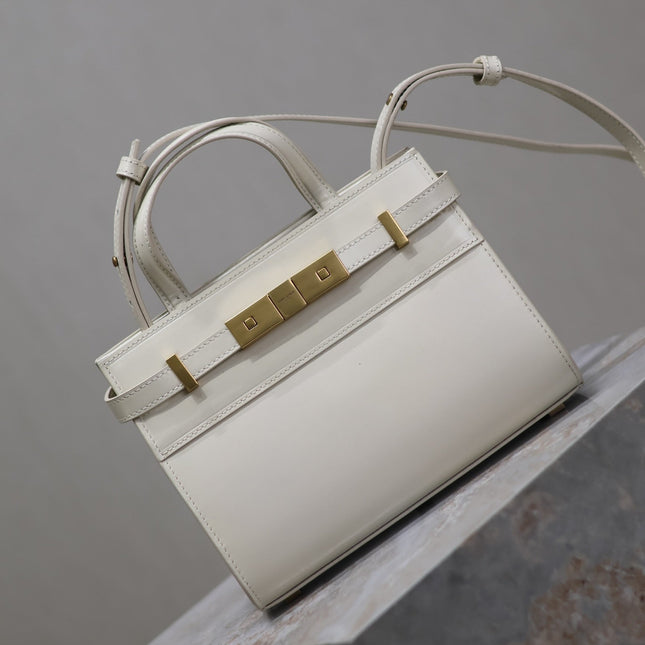 MANHATTAN SMALL TOP HANDLE BAG 21 IN WHITE CALFSKIN GOLD HARDWARE