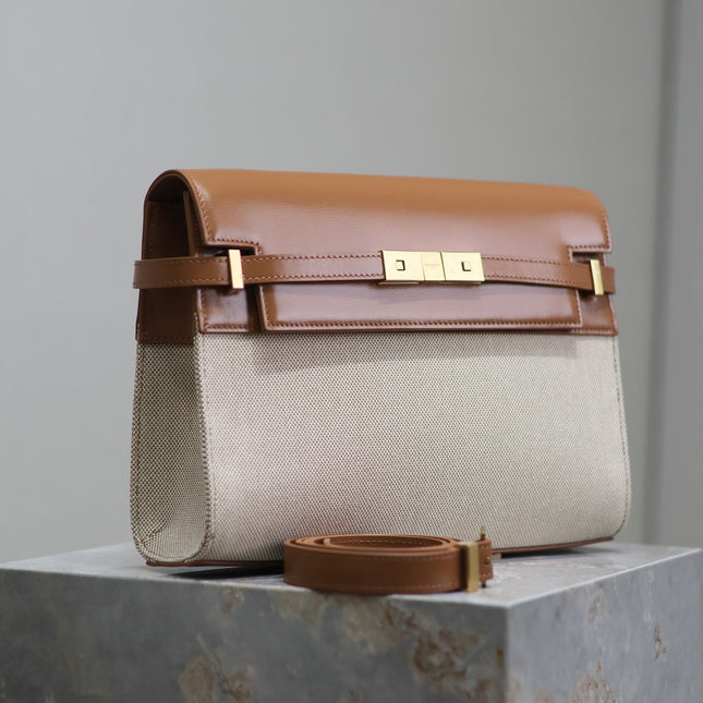 MANHATTAN MEDIUM 29 IN WHITE CANVAS AND BROWN CALFSKIN GOLD BUCKLE