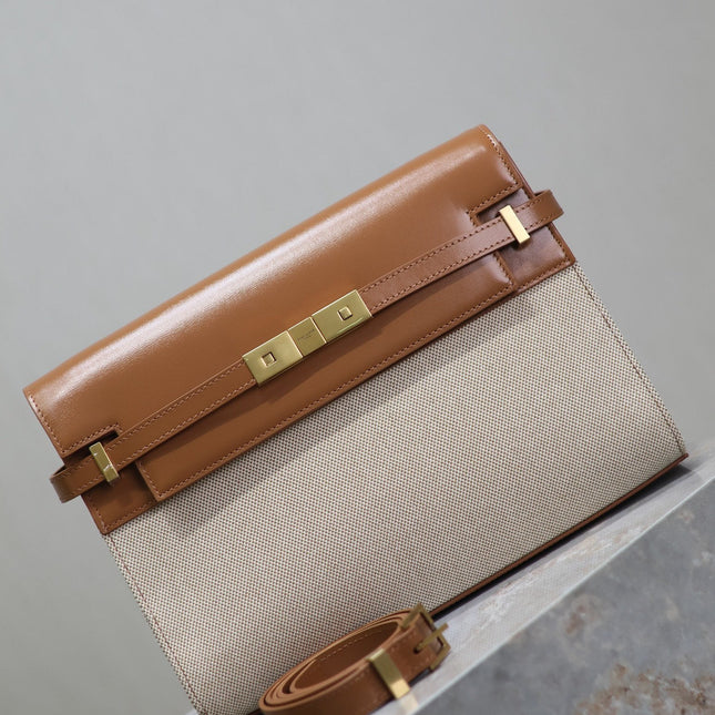 MANHATTAN MEDIUM 29 IN WHITE CANVAS AND BROWN CALFSKIN GOLD BUCKLE
