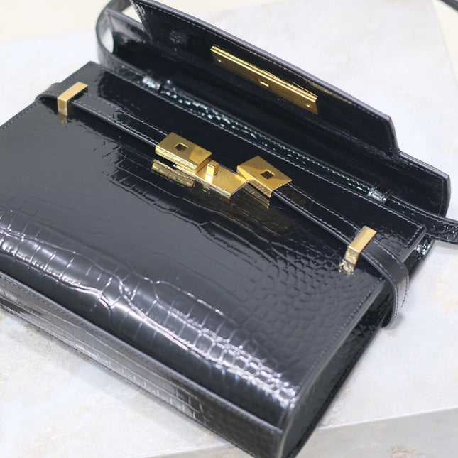 MANHATTAN SMALL 24 IN BLACK CROCODILE PATTERN GLOSSY CALFSKIN GOLD BUCKLE