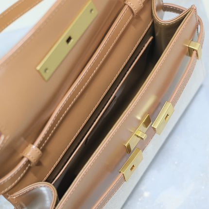 MANHATTAN SMALL 24 IN WHITE CANVAS AND BROWN CALFSKIN GOLD HARDWARE
