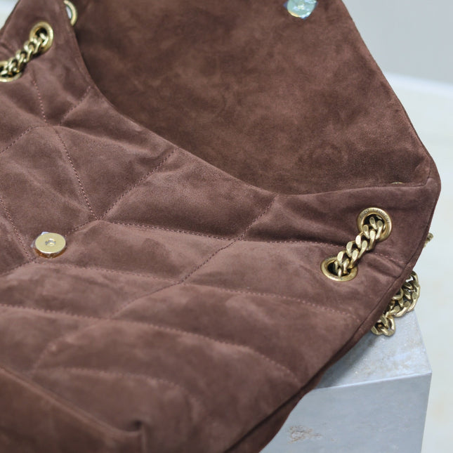 YSL 25S LOULOU PUFFER GM 35 IN DARK BROWN SUEDE GOLD HARDWRE