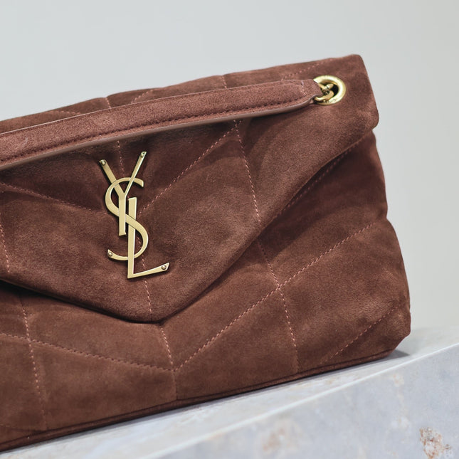 YSL 25S LOULOU PUFFER MM 29 IN DARK BROWN SUEDE GOLD HARDWRE