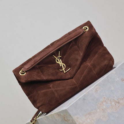 YSL 25S LOULOU PUFFER MM 29 IN DARK BROWN SUEDE GOLD HARDWRE