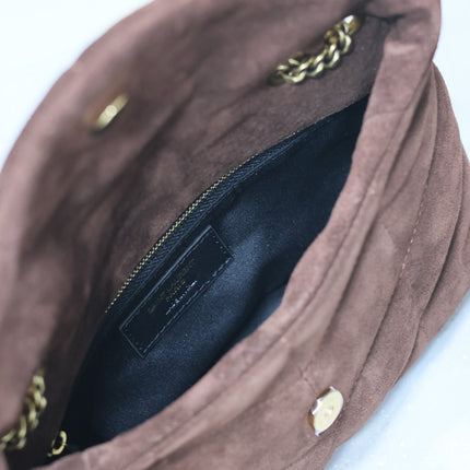 YSL 25S LOULOU PUFFER MINI 23 IN DARK BROWN SUEDE GOLD HARDWRE