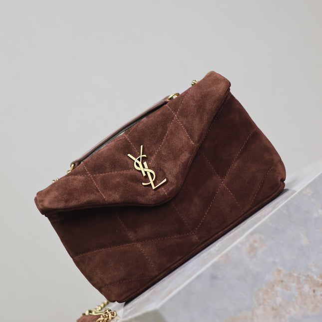 YSL 25S LOULOU PUFFER MINI 23 IN DARK BROWN SUEDE GOLD HARDWRE