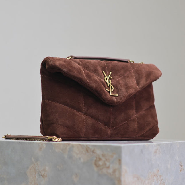 YSL 25S LOULOU PUFFER MINI 23 IN DARK BROWN SUEDE GOLD HARDWRE