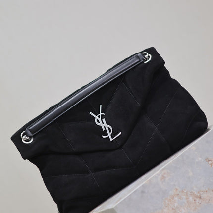 YSL 25S LOULOU PUFFER GM 35 IN BLACK SUEDE SILVER HARDWRE
