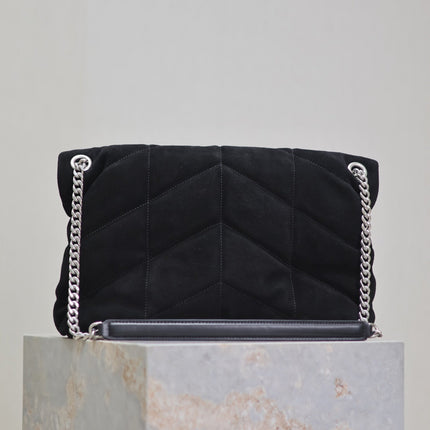 YSL 25S LOULOU PUFFER GM 35 IN BLACK SUEDE SILVER HARDWRE