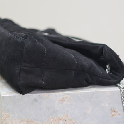 YSL 25S LOULOU PUFFER GM 35 IN BLACK SUEDE SILVER HARDWRE
