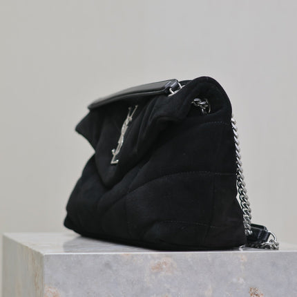 YSL 25S LOULOU PUFFER MM 29 IN BLACK SUEDE SILVER HARDWRE