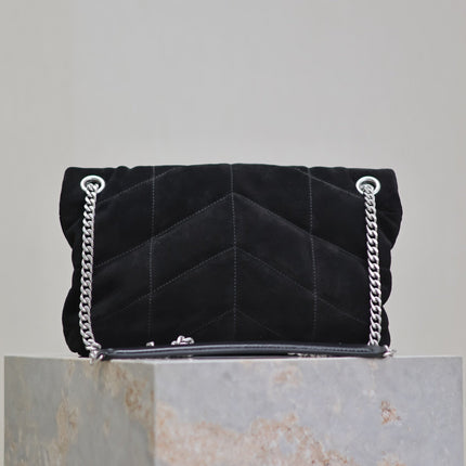 YSL 25S LOULOU PUFFER MM 29 IN BLACK SUEDE SILVER HARDWRE