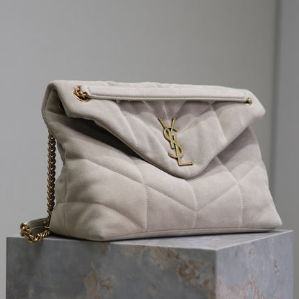 YSL 25S LOULOU PUFFER GM 35 IN SMOKEY TAUPE SUEDE GOLD HARDWRE