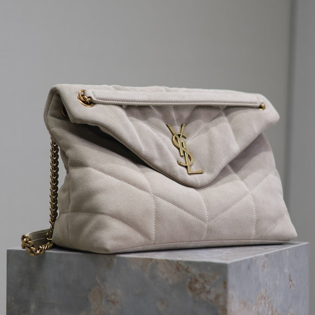 YSL 25S LOULOU PUFFER GM 35 IN SMOKEY TAUPE SUEDE GOLD HARDWRE