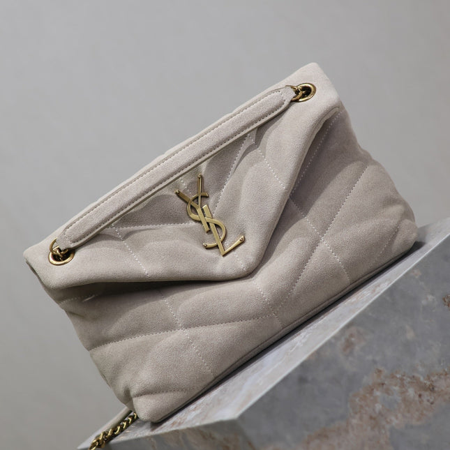 YSL 25S LOULOU PUFFER MM 29 IN SMOKEY TAUPE SUEDE GOLD HARDWRE