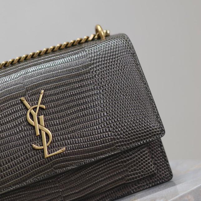 YSL 25S SUNSET MEDIUM 22 IN BROWN LIZARD-EMBOSSED CALFSKIN GOLD HARDWRE