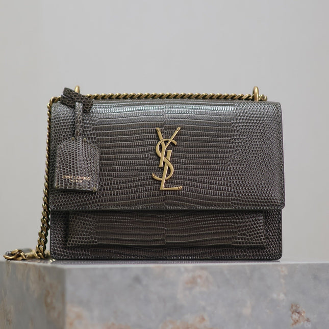 YSL 25S SUNSET MEDIUM 22 IN BROWN LIZARD-EMBOSSED CALFSKIN GOLD HARDWRE