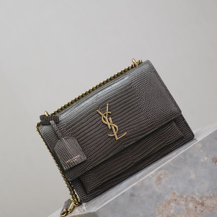 YSL 25S SUNSET MEDIUM 22 IN BROWN LIZARD-EMBOSSED CALFSKIN GOLD HARDWRE