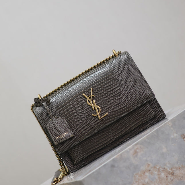 YSL 25S SUNSET MEDIUM 22 IN BROWN LIZARD-EMBOSSED CALFSKIN GOLD HARDWRE